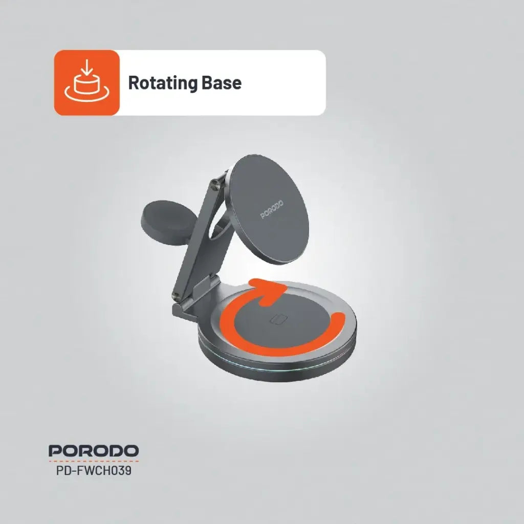 بورودو شاحن لاسلكي مدمج محمول 3 في 1 بتقنية ماج سيف وقاعدة المنيوم دوارة 360 درجة - رمادي | Porodo Portable Compact 3-in-1 MagSafe Wireless Charger Foldable 360° Aluminium - Grey