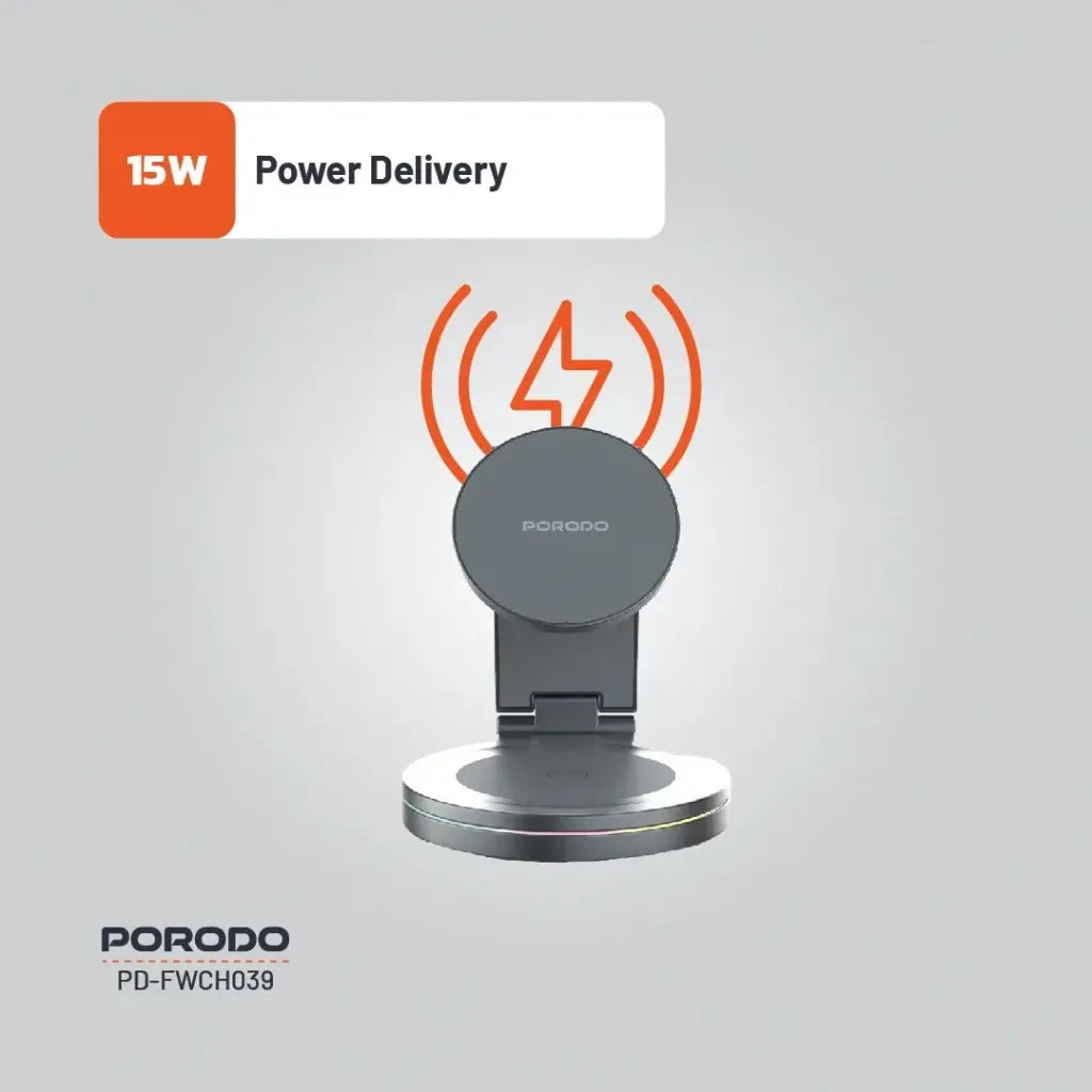 بورودو شاحن لاسلكي مدمج محمول 3 في 1 بتقنية ماج سيف وقاعدة المنيوم دوارة 360 درجة - رمادي | Porodo Portable Compact 3-in-1 MagSafe Wireless Charger Foldable 360° Aluminium - Grey