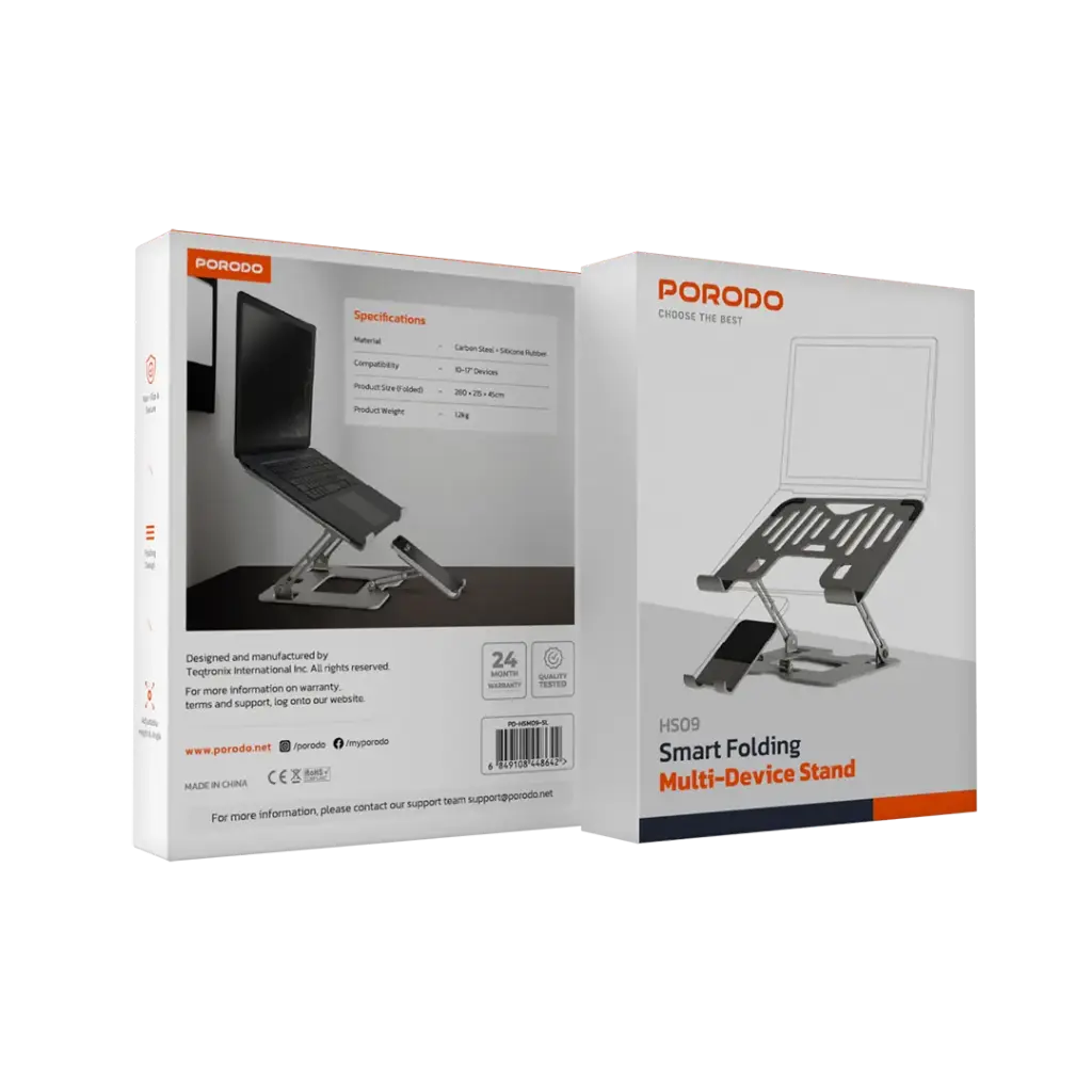 حامل بورودو الذكي القابل للطي 2 في 1, لاجهزة اللابتوب والهاتف - فضي | Porodo 2-in-1 Adjustable and Foldable Laptop with Phone Stand - Silver.