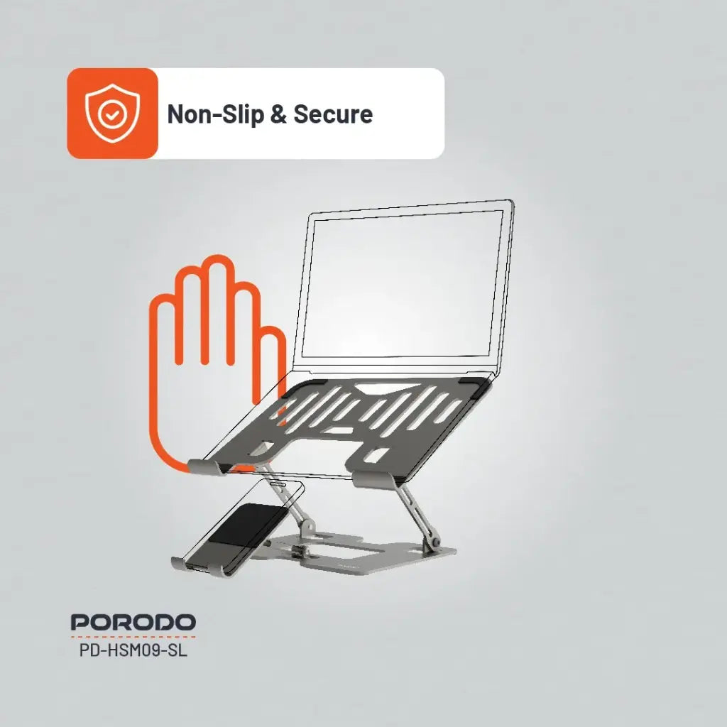 حامل بورودو الذكي القابل للطي 2 في 1, لاجهزة اللابتوب والهاتف - فضي | Porodo 2-in-1 Adjustable and Foldable Laptop with Phone Stand - Silver.