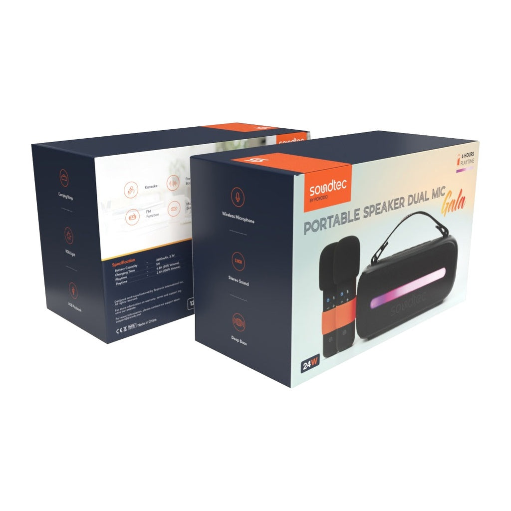 بورودو ساوندتيك سماعة 14 واط مع عدد 2 مايكروفون لاسلكي - اسود | Porodo Soundtec 14W Speaker with Dual Wireless Microphone - Black