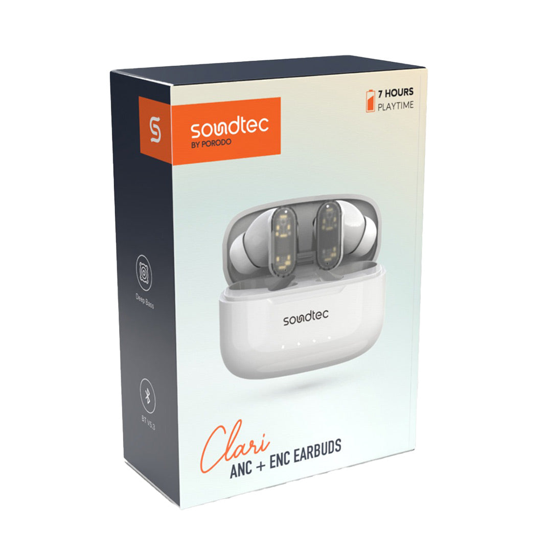 سماعة بورودو ساوندتيك الشفافة TWS بعزل ضوضاء ANC و ENC, تشغيل حتى 7 ساعات | Porodo Soundtec ANC & ENC TWS Earphone with Transparent Earbuds, 7H Playtime.