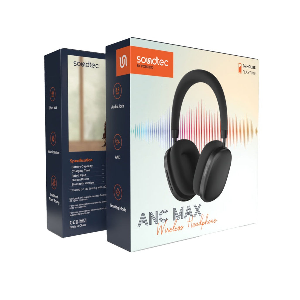 سماعة بورودو ساوندتيك Airpodmax مع ميزة ANC والغاء الضوضاء, تشغيل حتى 51 ساعة | Porodo Soundtec Airpodmax ANC Headphone – Noise Cancellation, Up to 51H Playback.
