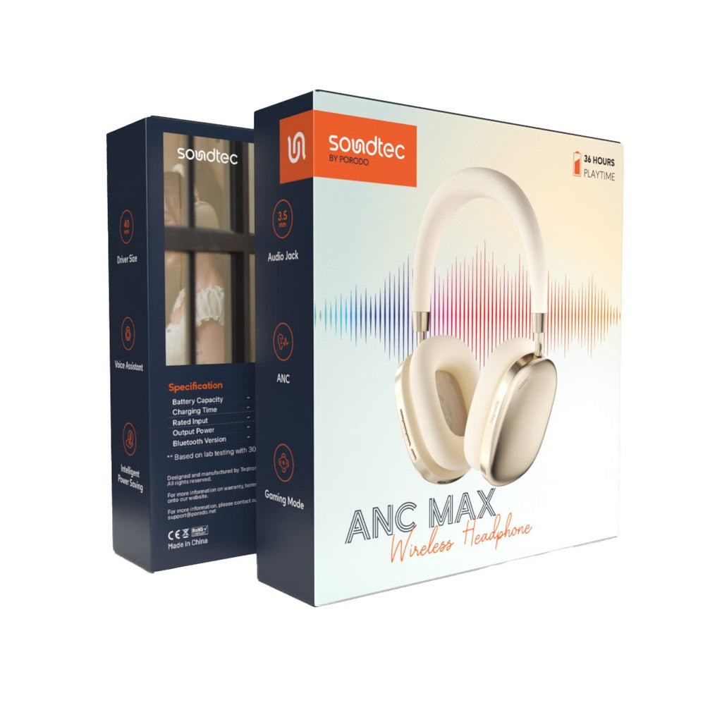 سماعة بورودو ساوندتيك Airpodmax مع ميزة ANC والغاء الضوضاء, تشغيل حتى 51 ساعة | Porodo Soundtec Airpodmax ANC Headphone – Noise Cancellation, Up to 51H Playback.