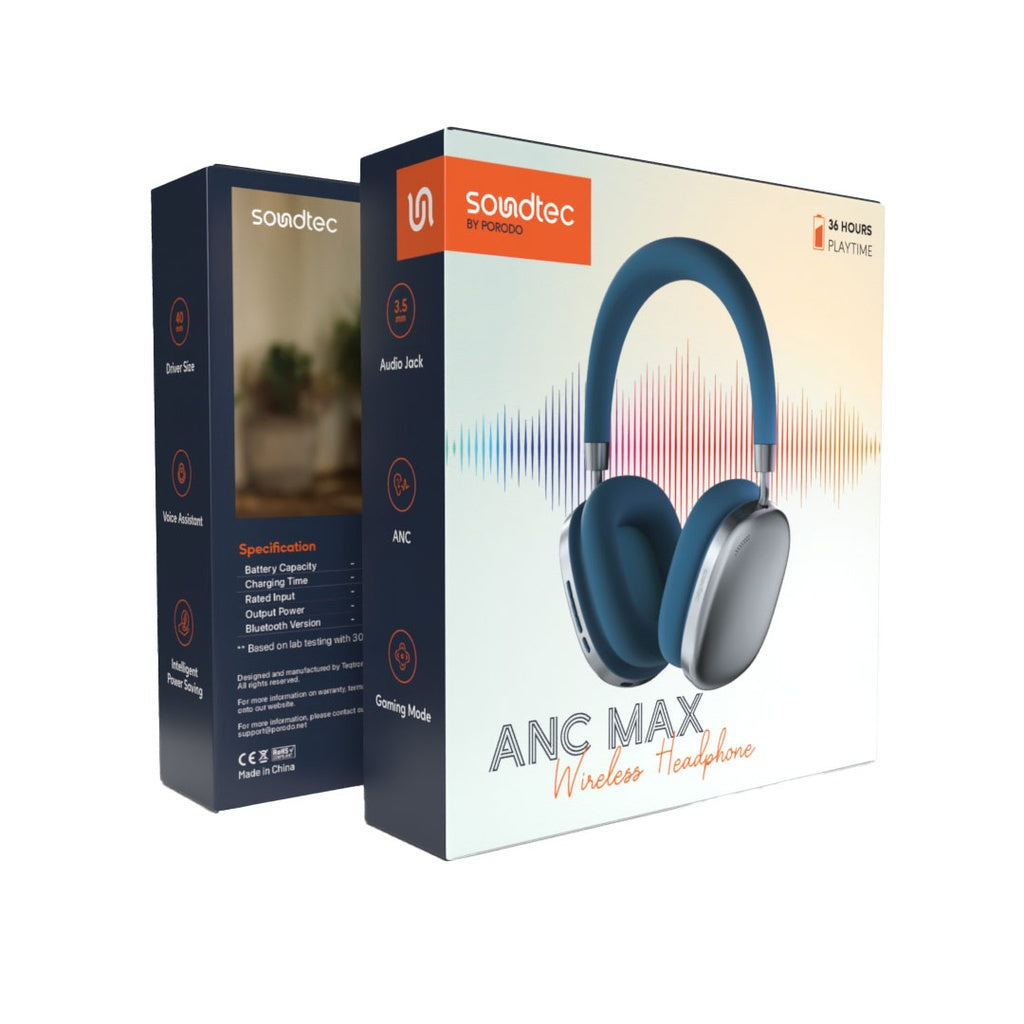 سماعة بورودو ساوندتيك Airpodmax مع ميزة ANC والغاء الضوضاء, تشغيل حتى 51 ساعة | Porodo Soundtec Airpodmax ANC Headphone – Noise Cancellation, Up to 51H Playback.