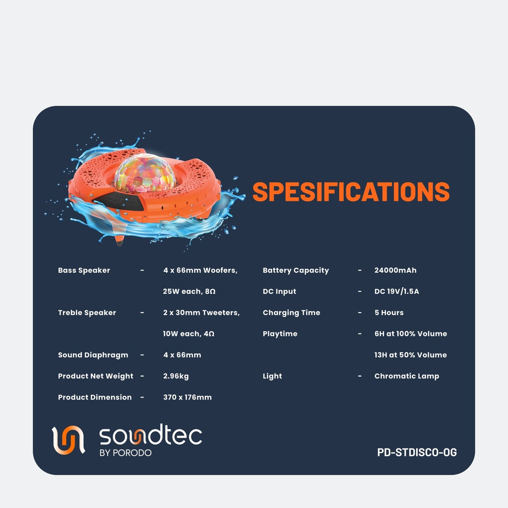 سبيكر عائم ضد الماء بقوة 100 واط مع اضائة LED من بورودو ساوندتيك - برتقالي | Porodo Soundtec Disco LED Light Floating Waterproof Speaker 100W – Orange