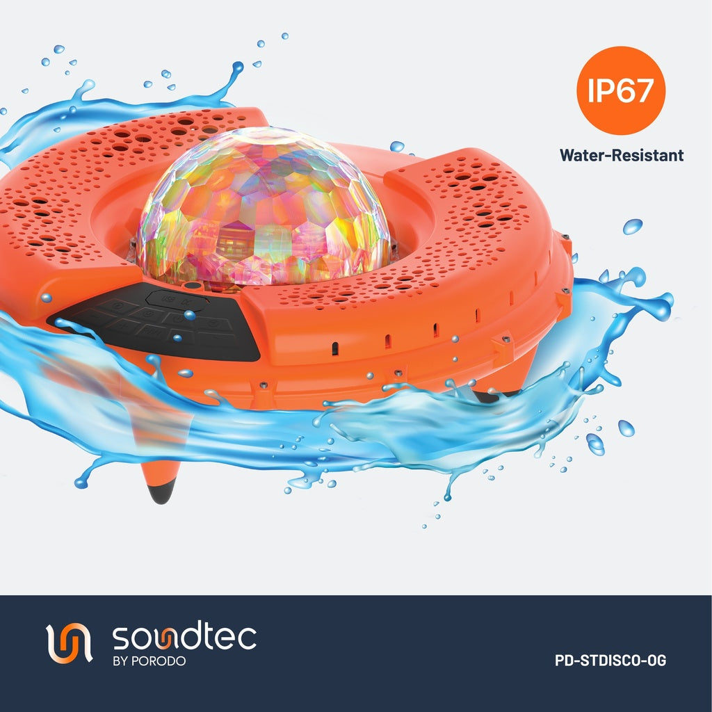 سبيكر عائم ضد الماء بقوة 100 واط مع اضائة LED من بورودو ساوندتيك - برتقالي | Porodo Soundtec Disco LED Light Floating Waterproof Speaker 100W – Orange
