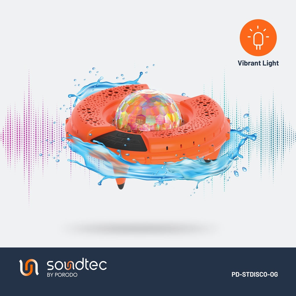 سبيكر عائم ضد الماء بقوة 100 واط مع اضائة LED من بورودو ساوندتيك - برتقالي | Porodo Soundtec Disco LED Light Floating Waterproof Speaker 100W – Orange