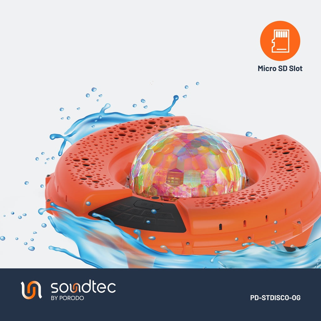 سبيكر عائم ضد الماء بقوة 100 واط مع اضائة LED من بورودو ساوندتيك - برتقالي | Porodo Soundtec Disco LED Light Floating Waterproof Speaker 100W – Orange