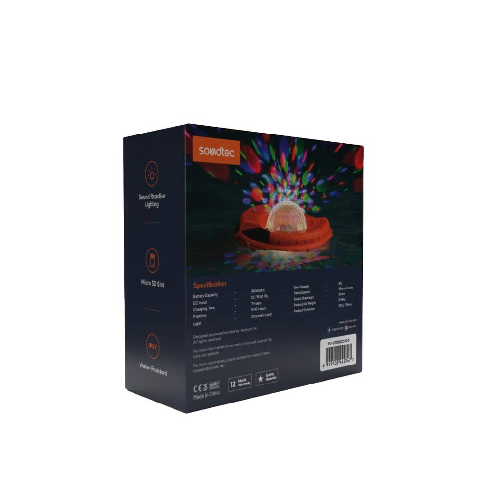 سبيكر عائم ضد الماء بقوة 100 واط مع اضائة LED من بورودو ساوندتيك - برتقالي | Porodo Soundtec Disco LED Light Floating Waterproof Speaker 100W – Orange