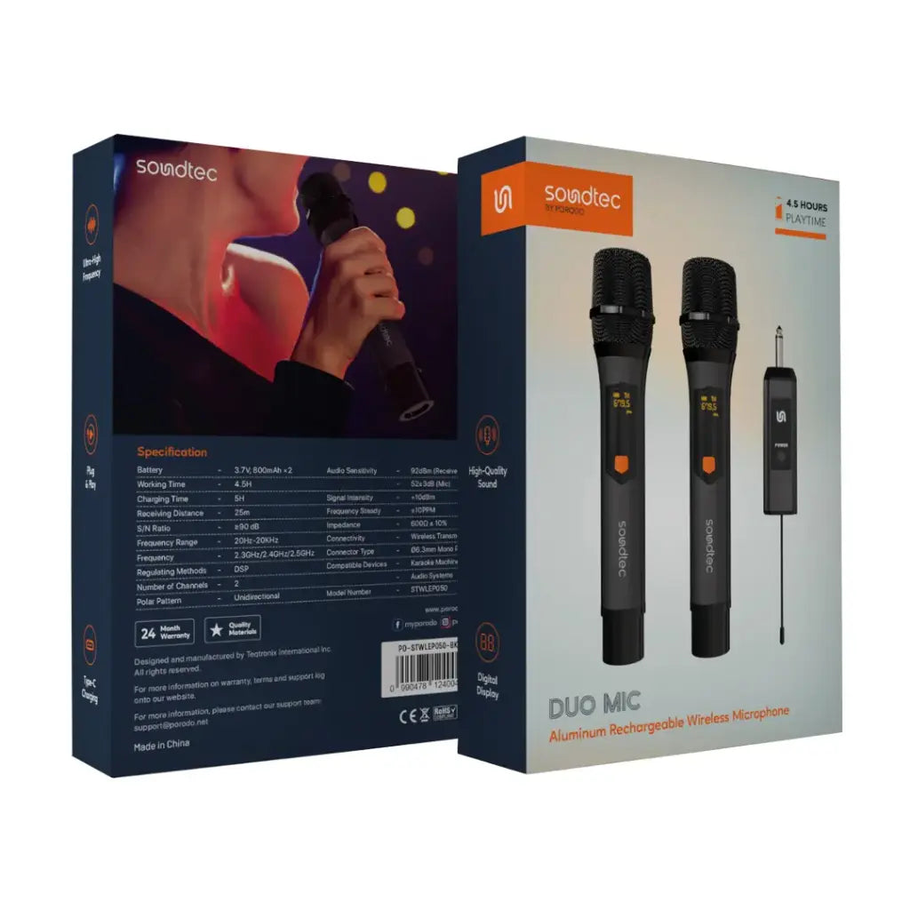 مايكروفون بورودو ساوندتيك ديو المنيوم لاسلكي قابل لاعادة الشحن - اسود | Porodo Soundtec Duo Mic Aluminum Rechargeable Wireless Microphone - Black