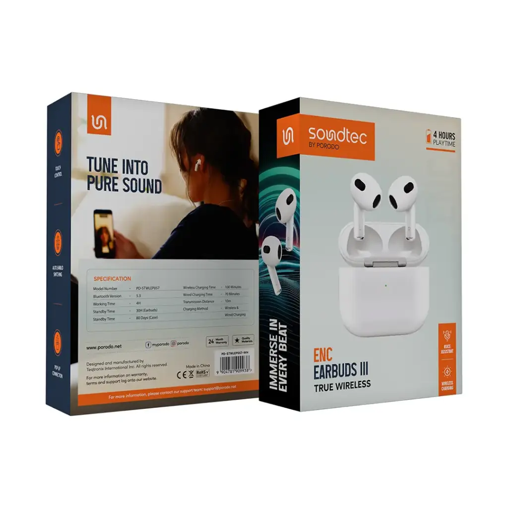 سماعة بورودو ساوندتيك ايربودز 3 اللاسلكية - ابيض | Porodo Soundtec ENC Earbuds 3 True Wireless – White