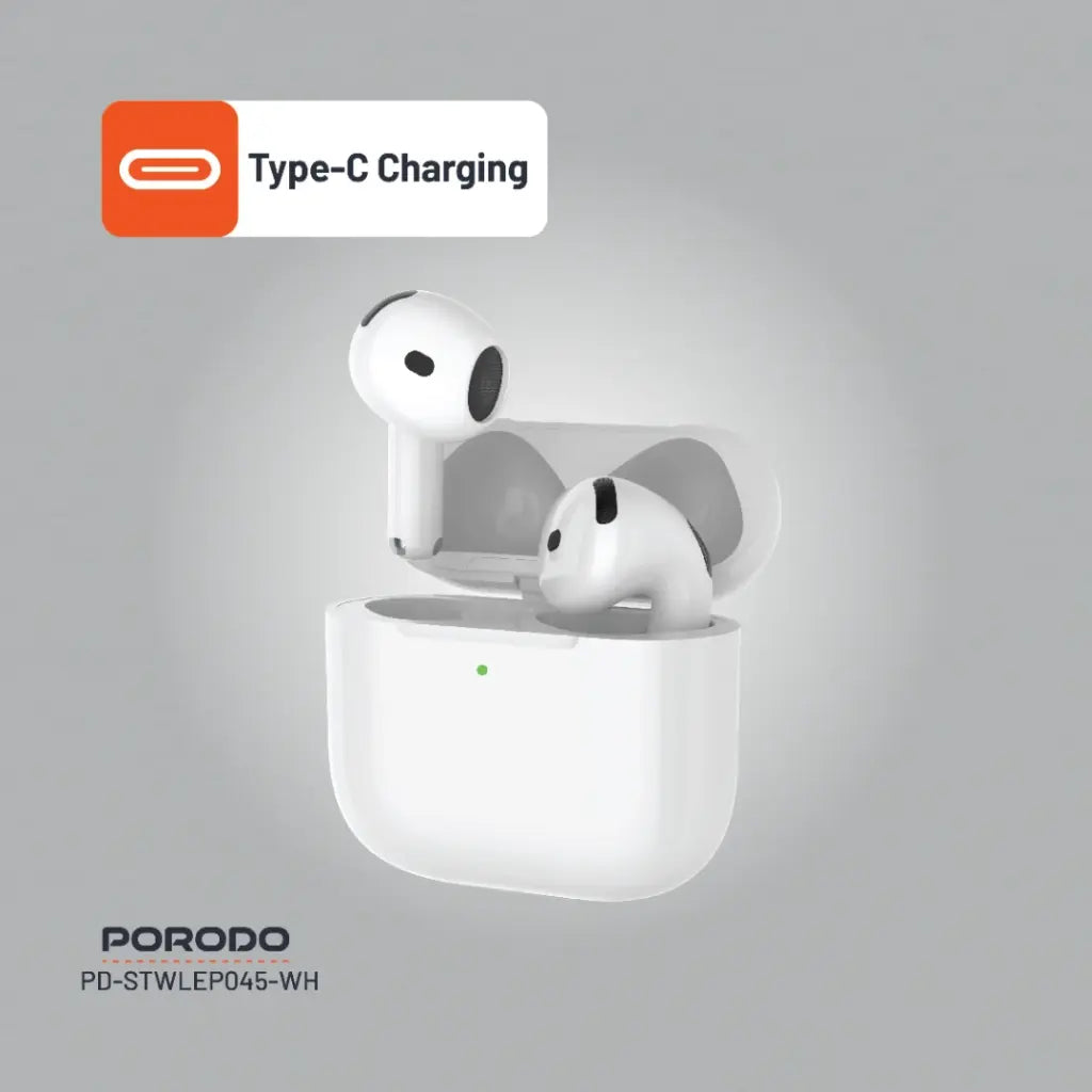 بورودو ساوندتيك ايربودز الجيل الرابع مع تقنية الغاء الضوضاء ومنفذ شحن تايب سي - ابيض | Porodo Soundtec Earbuds 4 with ENC Type C – White