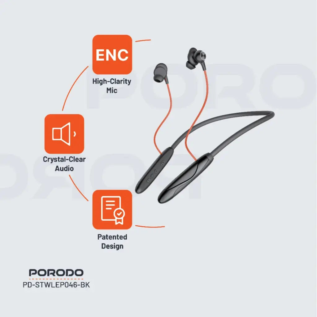 سماعات بورودو ساوندتيك اللاسلكية بتصميم حول الرقبة - اسود | Porodo Soundtec Magnetic INR Wireless Neckband Earphone– Black