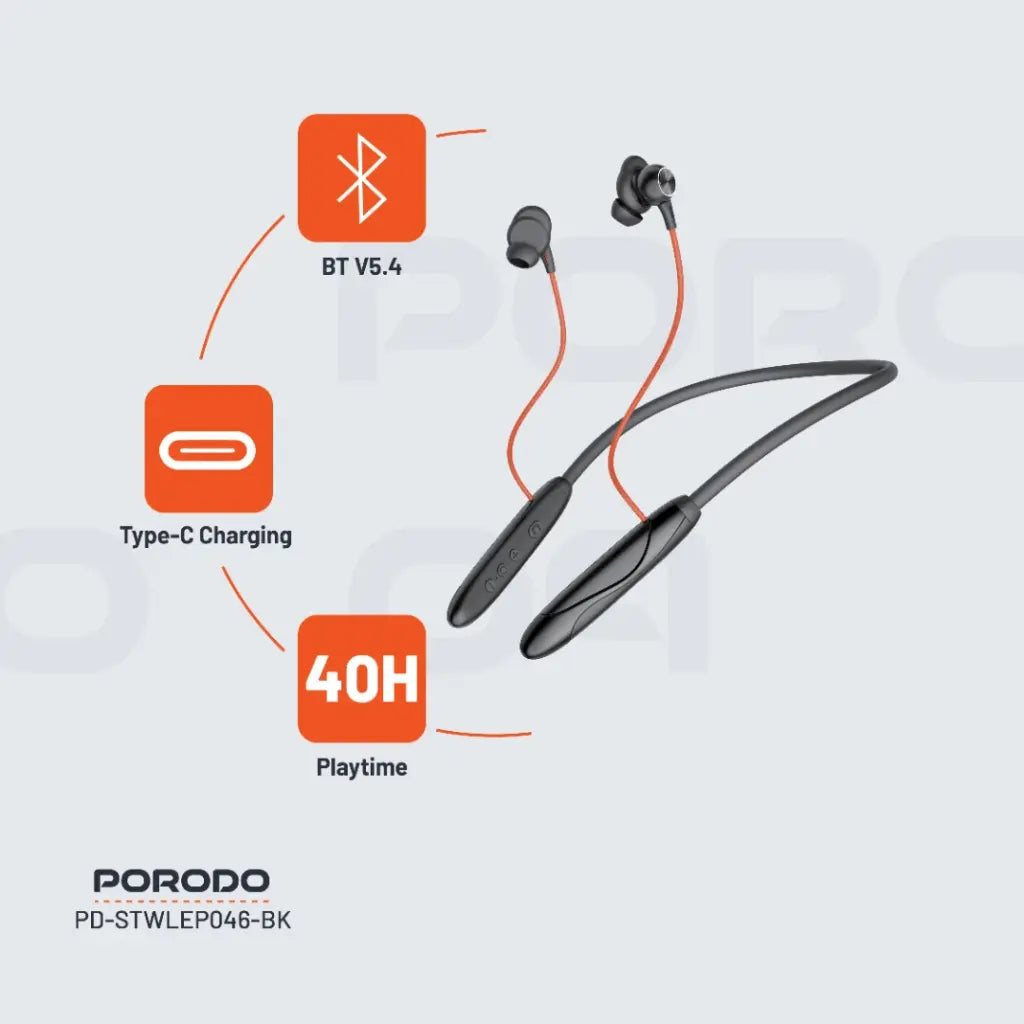 سماعات بورودو ساوندتيك اللاسلكية بتصميم حول الرقبة - اسود | Porodo Soundtec Magnetic INR Wireless Neckband Earphone– Black
