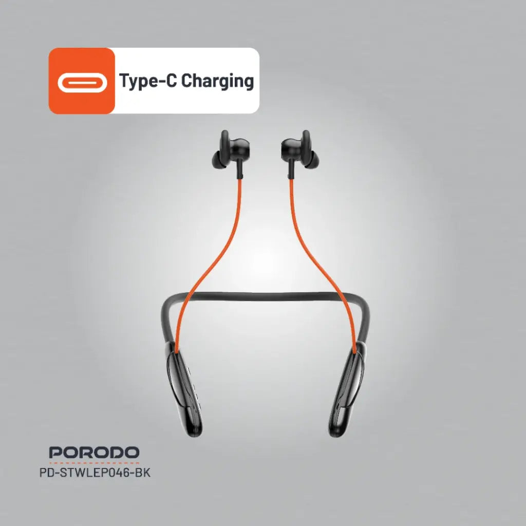 سماعات بورودو ساوندتيك اللاسلكية بتصميم حول الرقبة - اسود | Porodo Soundtec Magnetic INR Wireless Neckband Earphone– Black