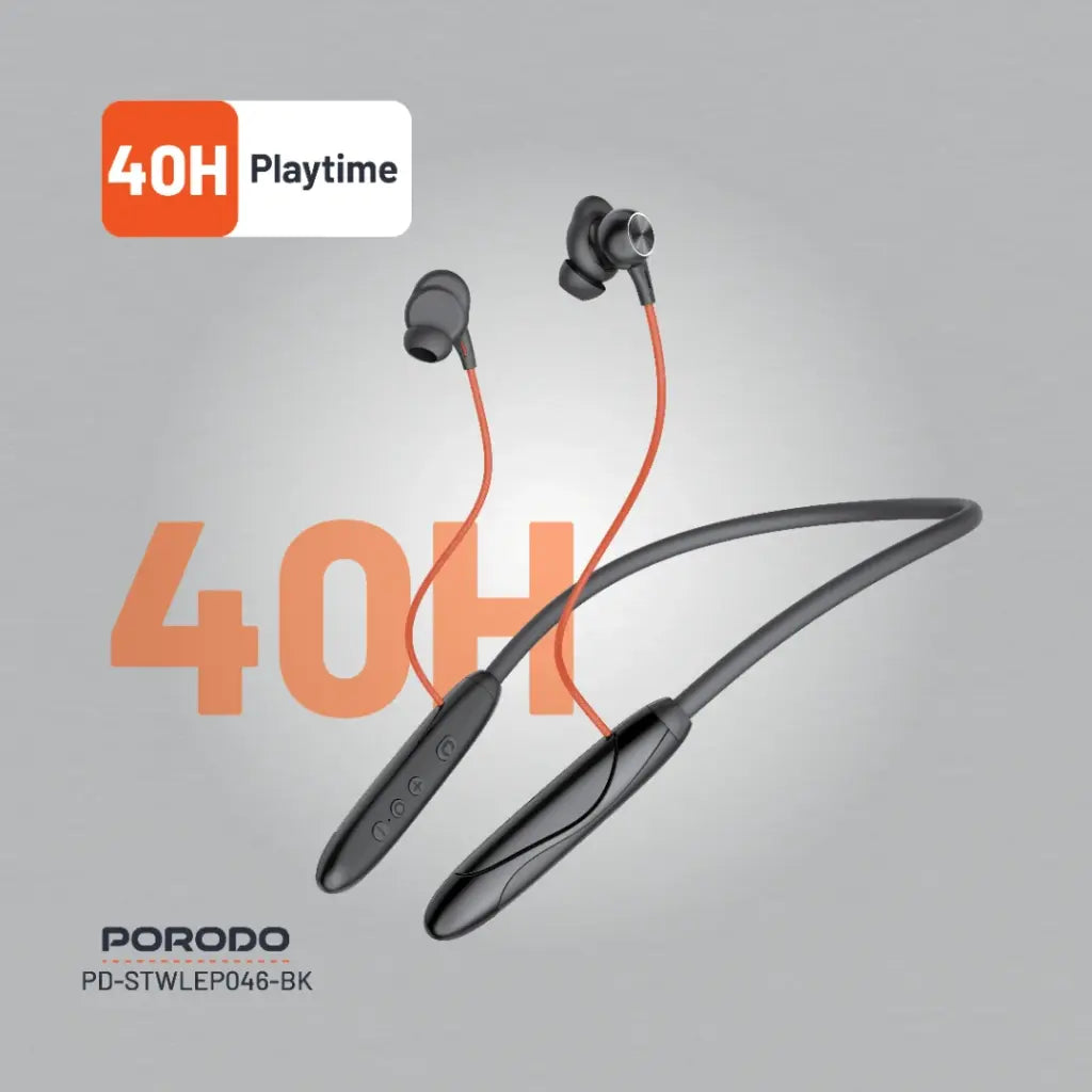 سماعات بورودو ساوندتيك اللاسلكية بتصميم حول الرقبة - اسود | Porodo Soundtec Magnetic INR Wireless Neckband Earphone– Black