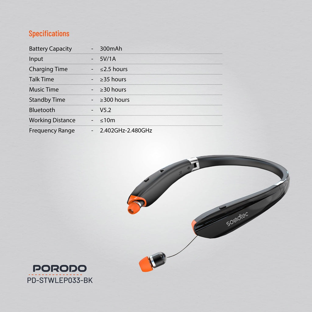 بورودو ساوندتيك سماعة بلوتوث حول الرقبة مع سماعات قابلة للتمديد - اسود | Porodo Soundtec Bluetooth Neck Band with Extendable Earbuds - Black