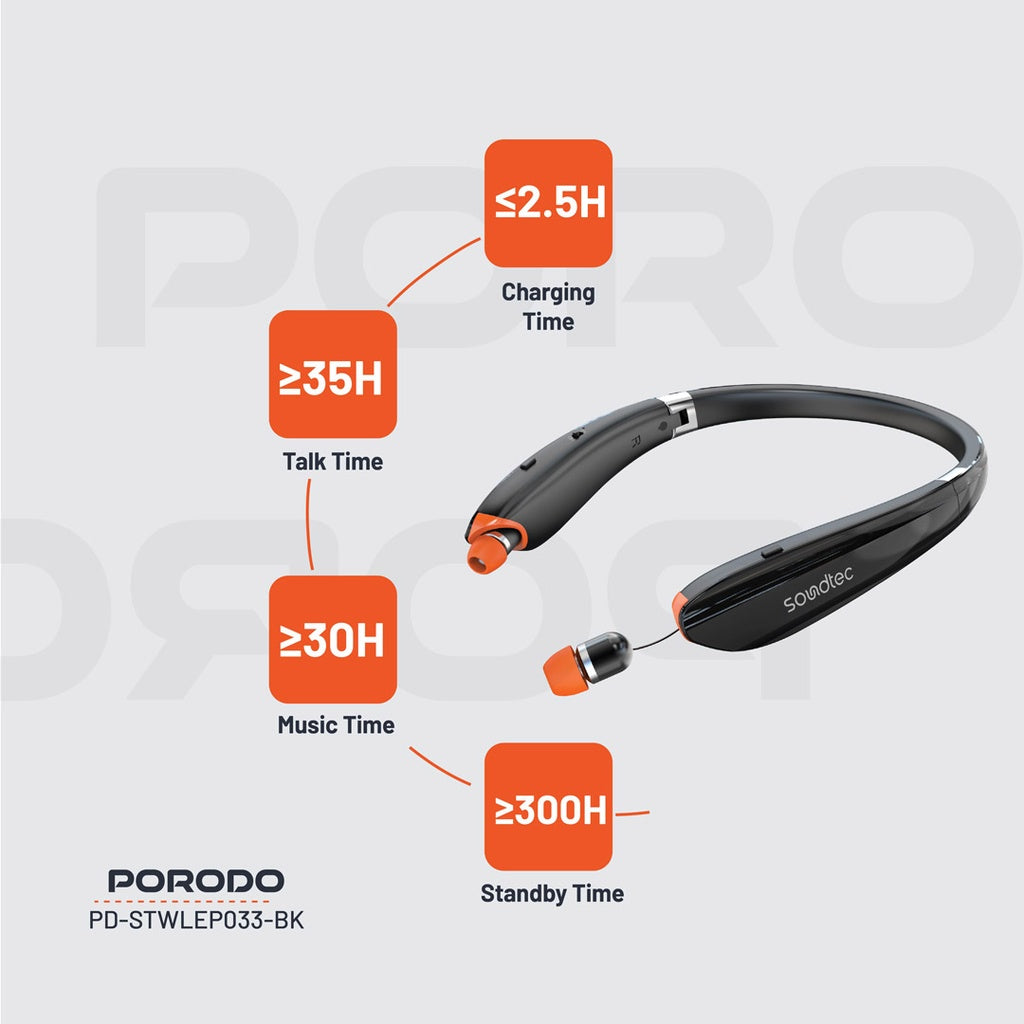 بورودو ساوندتيك سماعة بلوتوث حول الرقبة مع سماعات قابلة للتمديد - اسود | Porodo Soundtec Bluetooth Neck Band with Extendable Earbuds - Black