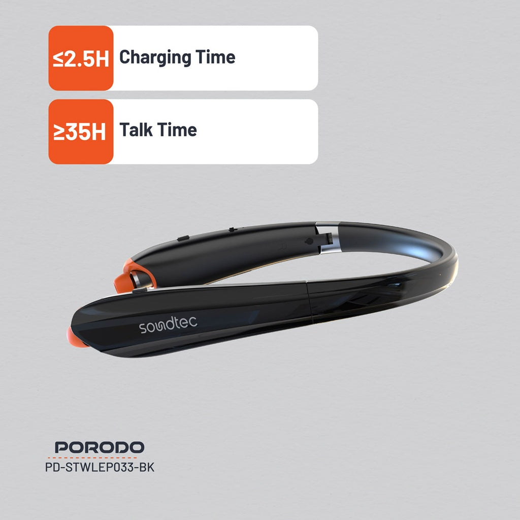 بورودو ساوندتيك سماعة بلوتوث حول الرقبة مع سماعات قابلة للتمديد - اسود | Porodo Soundtec Bluetooth Neck Band with Extendable Earbuds - Black