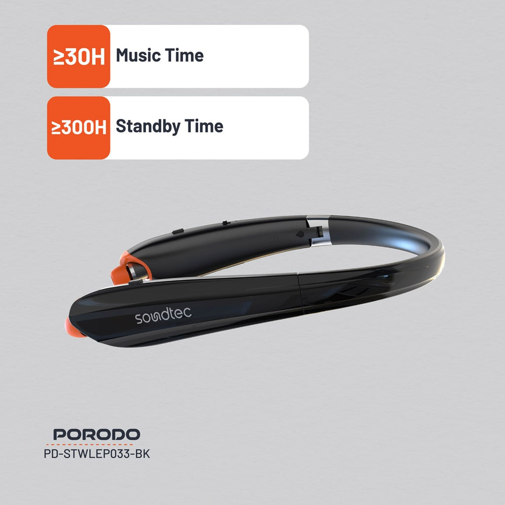 بورودو ساوندتيك سماعة بلوتوث حول الرقبة مع سماعات قابلة للتمديد - اسود | Porodo Soundtec Bluetooth Neck Band with Extendable Earbuds - Black