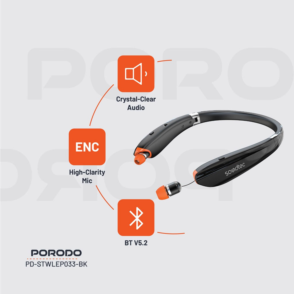 بورودو ساوندتيك سماعة بلوتوث حول الرقبة مع سماعات قابلة للتمديد - اسود | Porodo Soundtec Bluetooth Neck Band with Extendable Earbuds - Black