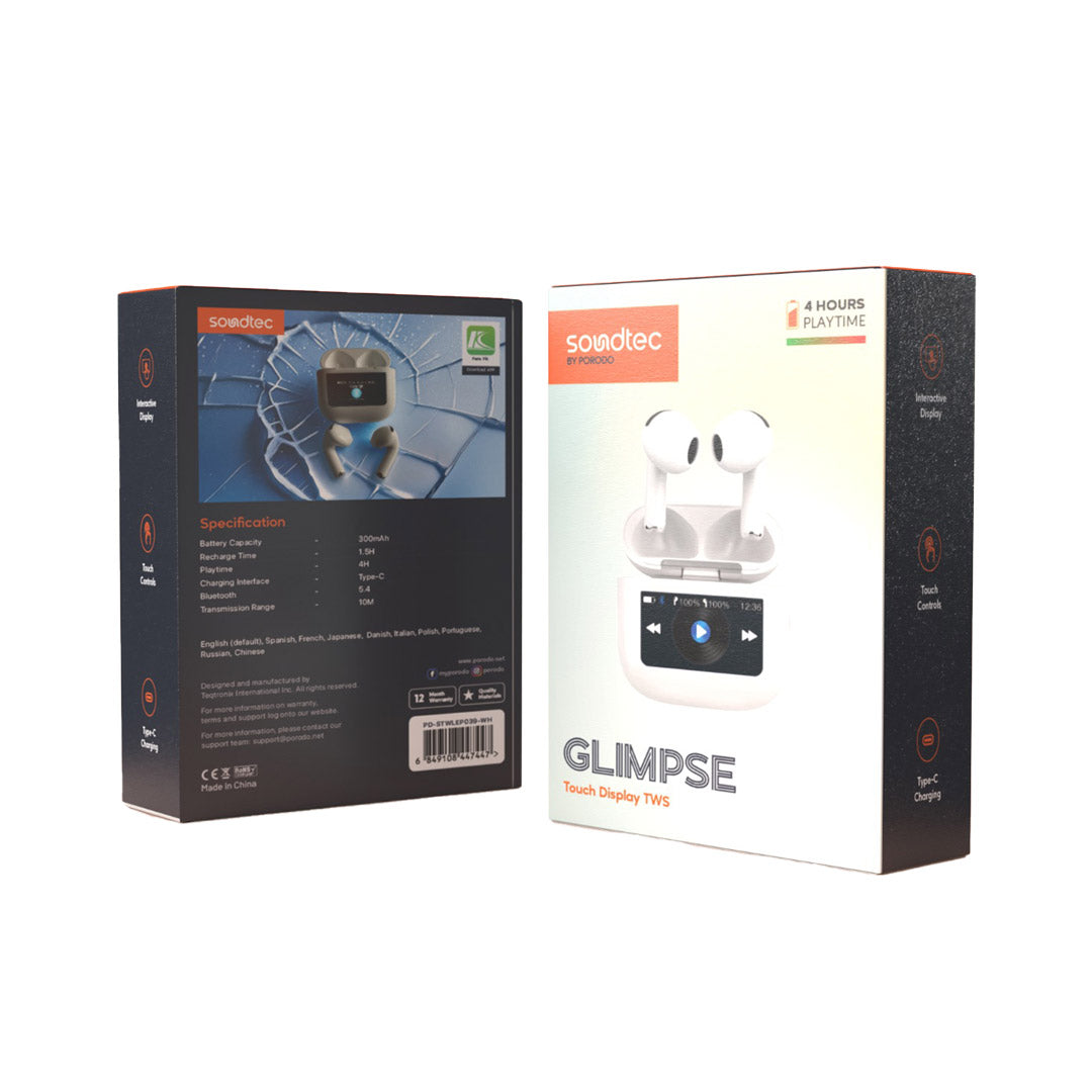 سماعة بورودو ساوندتيك TWS بخاصية الغاء الضوضاء وشاشة لمس, تشغيل حتى 4 ساعات - ابيض | Porodo Soundtec TWS ANC Earphone with Touch Screen, 4H Playtime – White