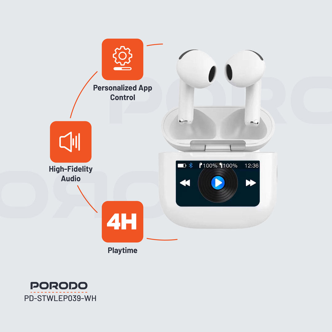 سماعة بورودو ساوندتيك TWS بخاصية الغاء الضوضاء وشاشة لمس, تشغيل حتى 4 ساعات - ابيض | Porodo Soundtec TWS ANC Earphone with Touch Screen, 4H Playtime – White