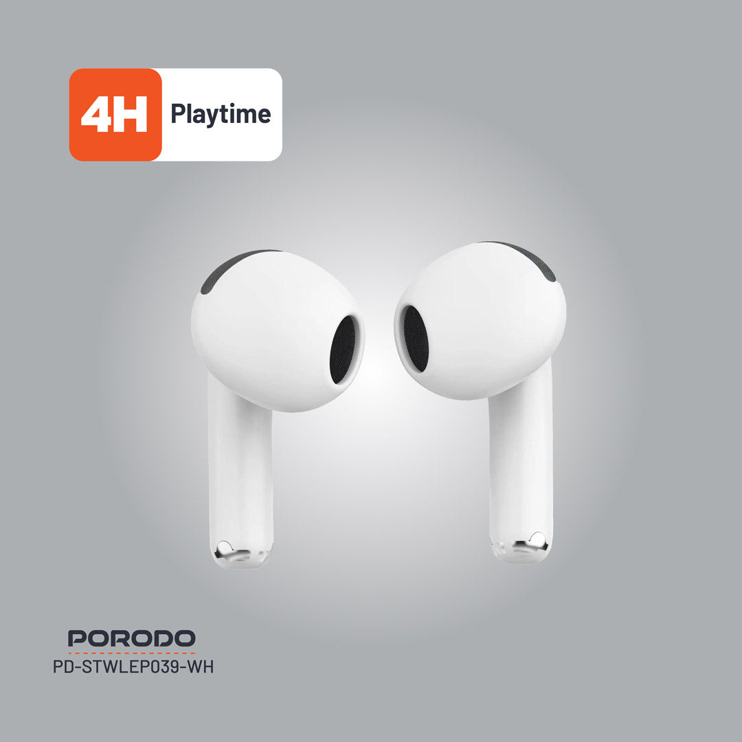 سماعة بورودو ساوندتيك TWS بخاصية الغاء الضوضاء وشاشة لمس, تشغيل حتى 4 ساعات - ابيض | Porodo Soundtec TWS ANC Earphone with Touch Screen, 4H Playtime – White