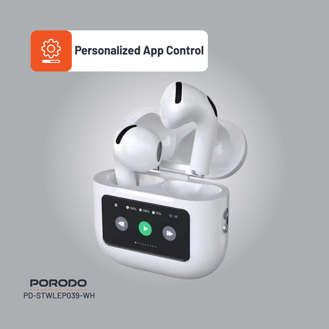 سماعة بورودو ساوندتيك TWS بخاصية الغاء الضوضاء وشاشة لمس, تشغيل حتى 4 ساعات - ابيض | Porodo Soundtec TWS ANC Earphone with Touch Screen, 4H Playtime – White