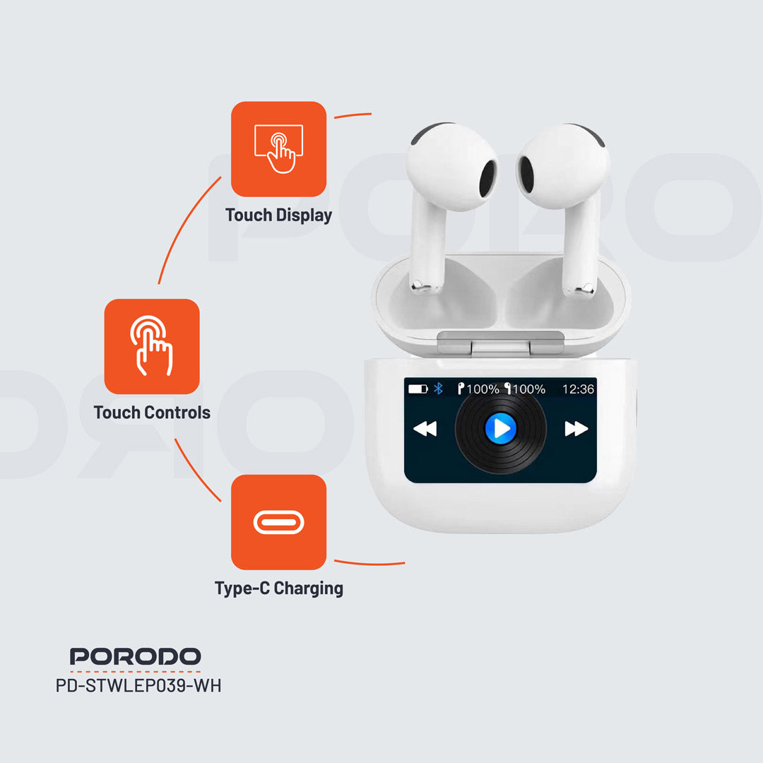 سماعة بورودو ساوندتيك TWS بخاصية الغاء الضوضاء وشاشة لمس, تشغيل حتى 4 ساعات - ابيض | Porodo Soundtec TWS ANC Earphone with Touch Screen, 4H Playtime – White