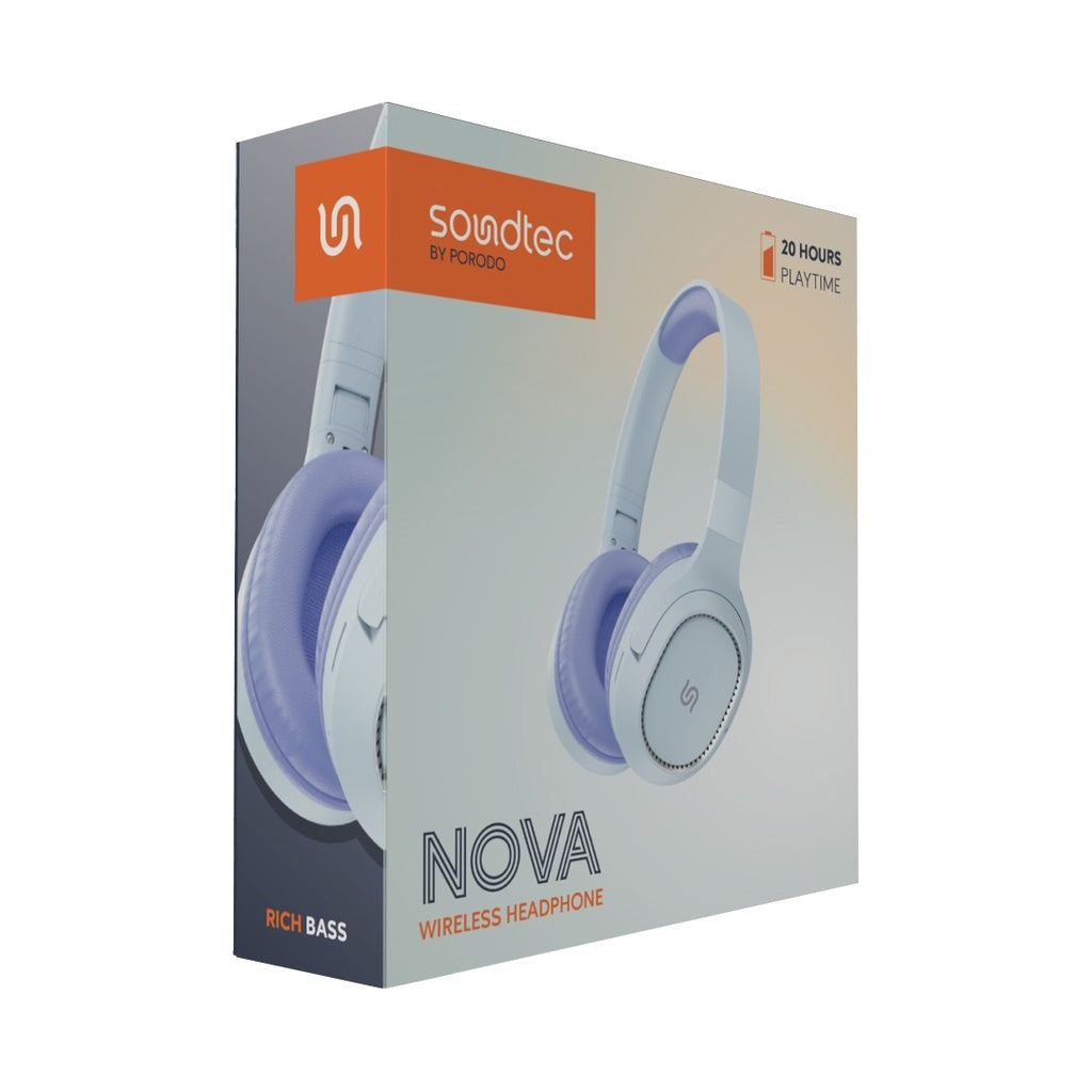 سماعة رأس لاسلكية من بورودو ساوندتيك نوفا, بطارية بسعة 400 مللي امبير - ازرق | Porodo Soundtec Nova Wireless Headphone 400mAh – Blue