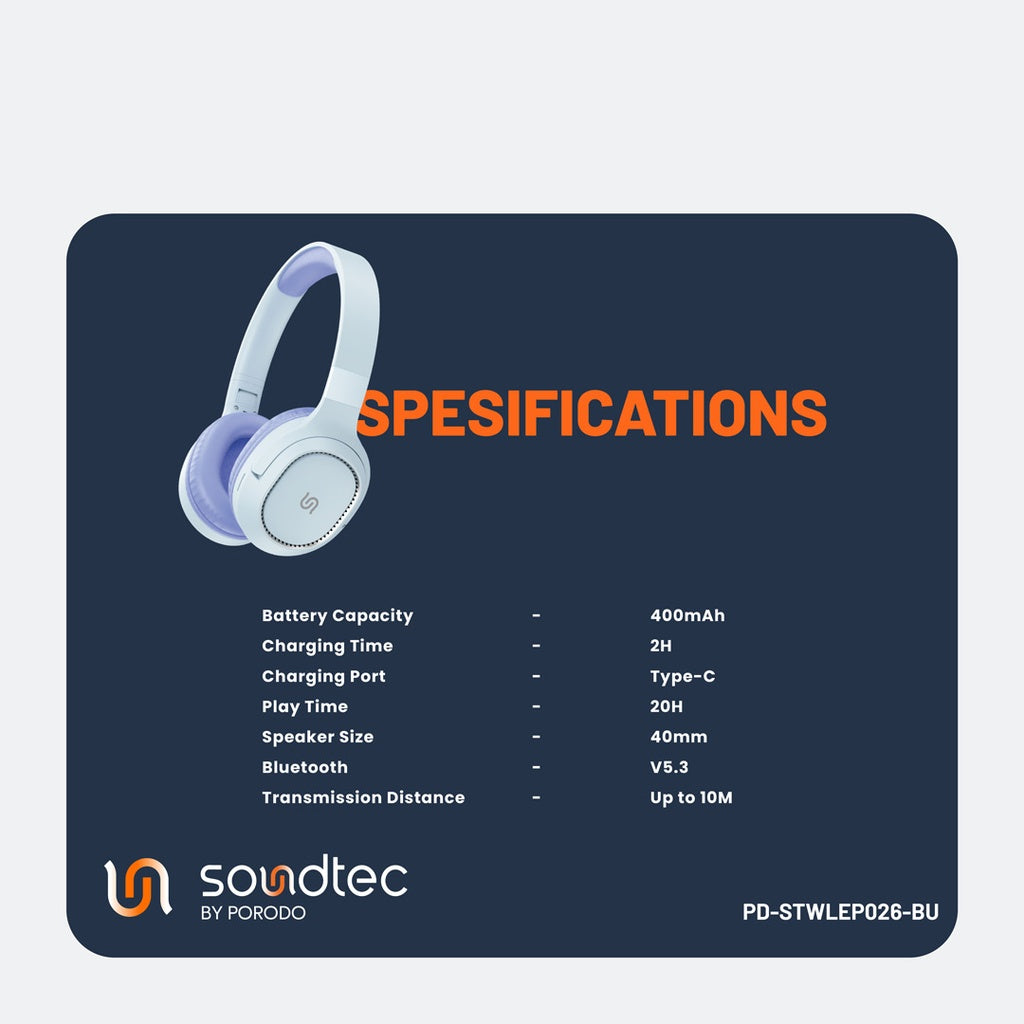 سماعة رأس لاسلكية من بورودو ساوندتيك نوفا, بطارية بسعة 400 مللي امبير - ازرق | Porodo Soundtec Nova Wireless Headphone 400mAh – Blue