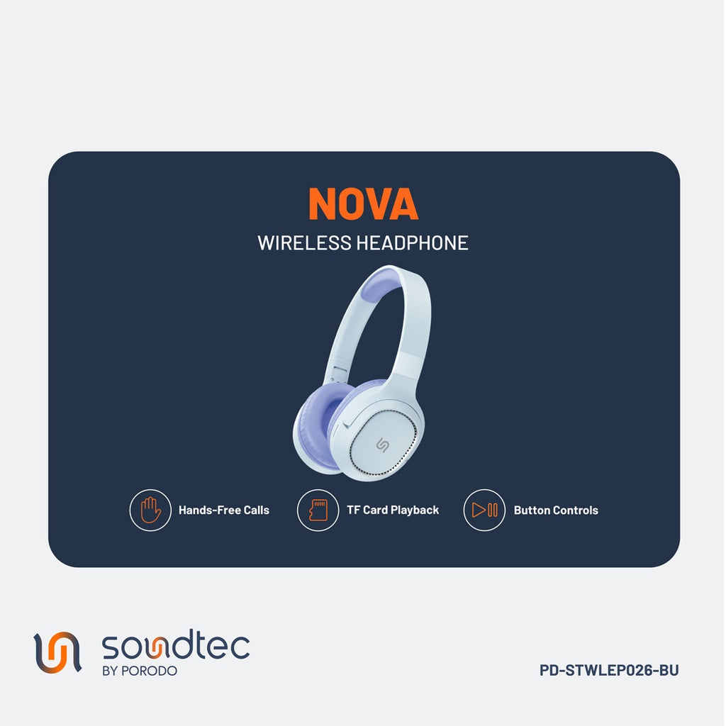 سماعة رأس لاسلكية من بورودو ساوندتيك نوفا, بطارية بسعة 400 مللي امبير - ازرق | Porodo Soundtec Nova Wireless Headphone 400mAh – Blue