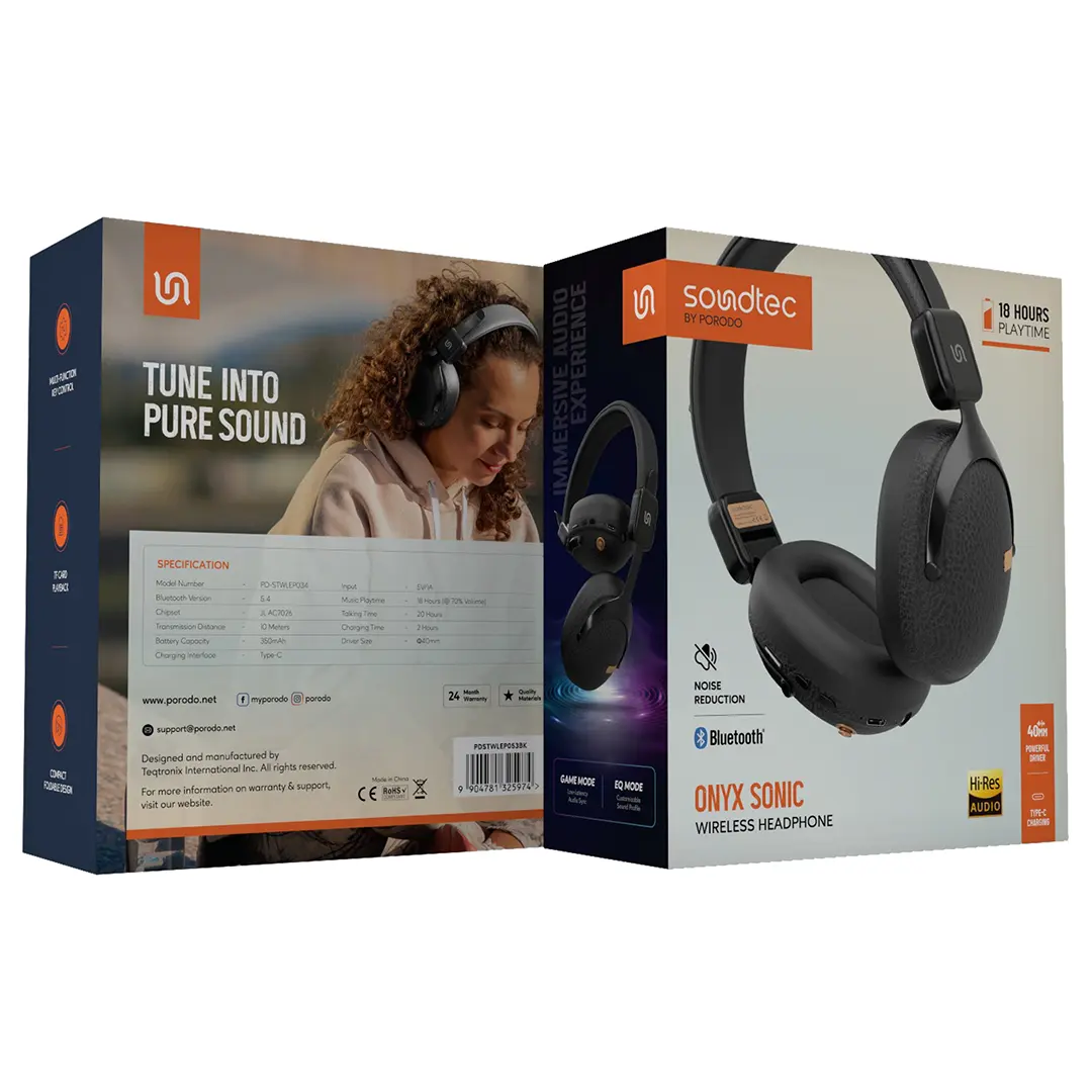 سماعة بورودو ساوندتيك اونيكس سونيك اللاسلكية بتشغيل حتى 18 ساعة - اسود | Porodo Soundtec Onyx Sonic Wireless Headphone, Up To 18H Playtime - Black
