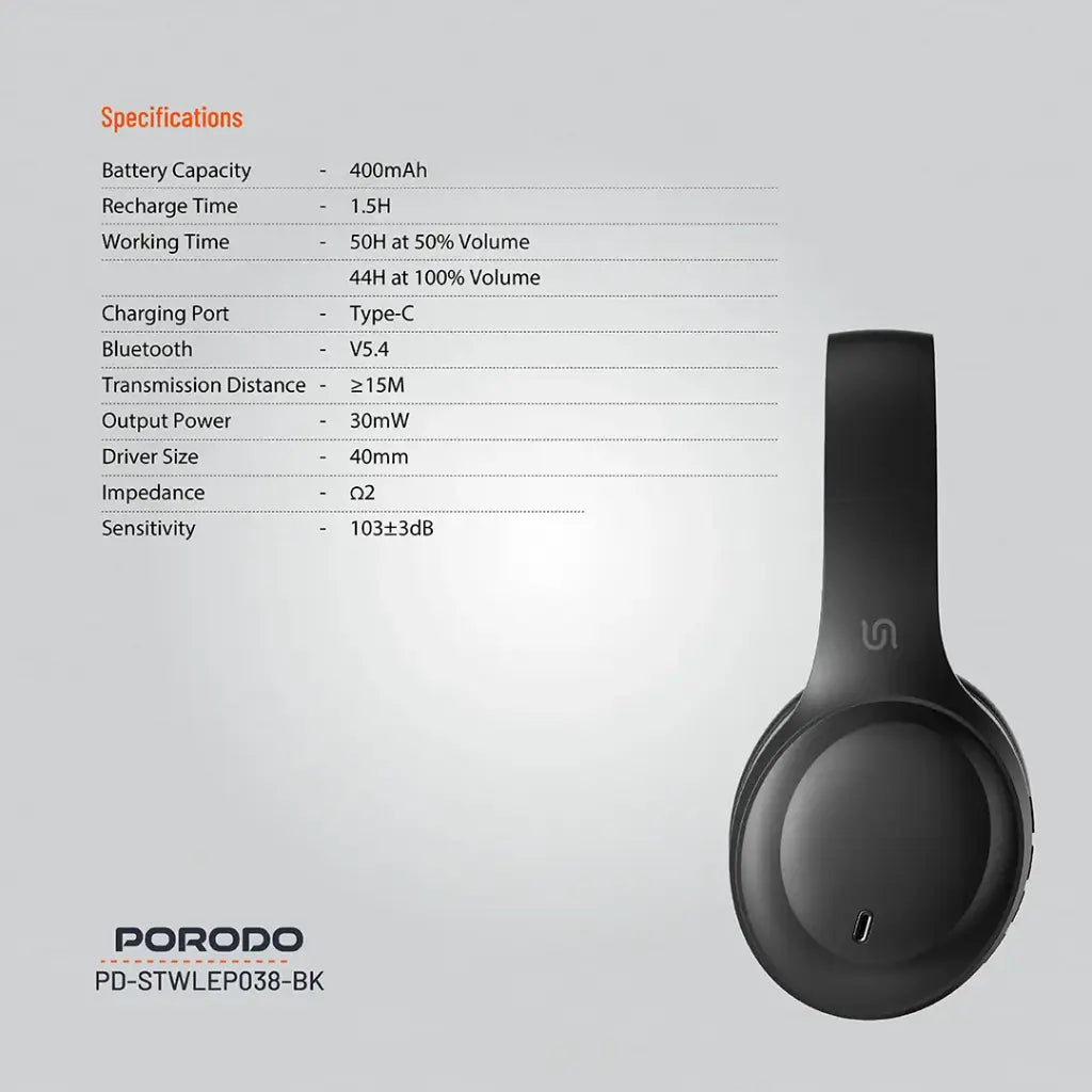 بورودو ساوندتيك بريمو سماعة راس لاسلكية - اسود | Porodo Soundtec PRIMO Wireless Headphone.