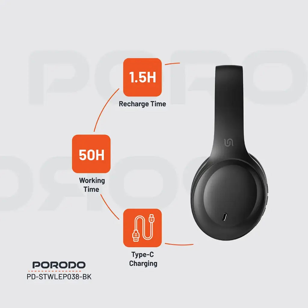 بورودو ساوندتيك بريمو سماعة راس لاسلكية - اسود | Porodo Soundtec PRIMO Wireless Headphone.