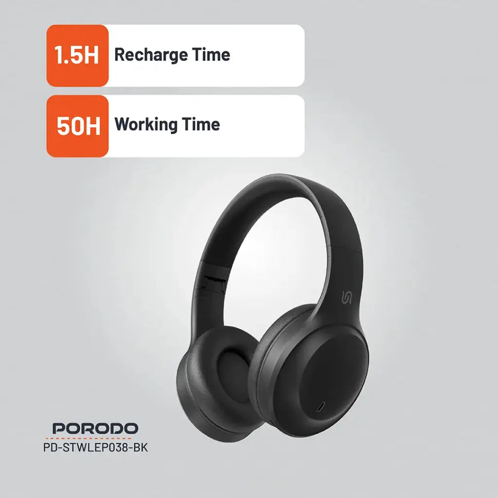 بورودو ساوندتيك بريمو سماعة راس لاسلكية - اسود | Porodo Soundtec PRIMO Wireless Headphone.