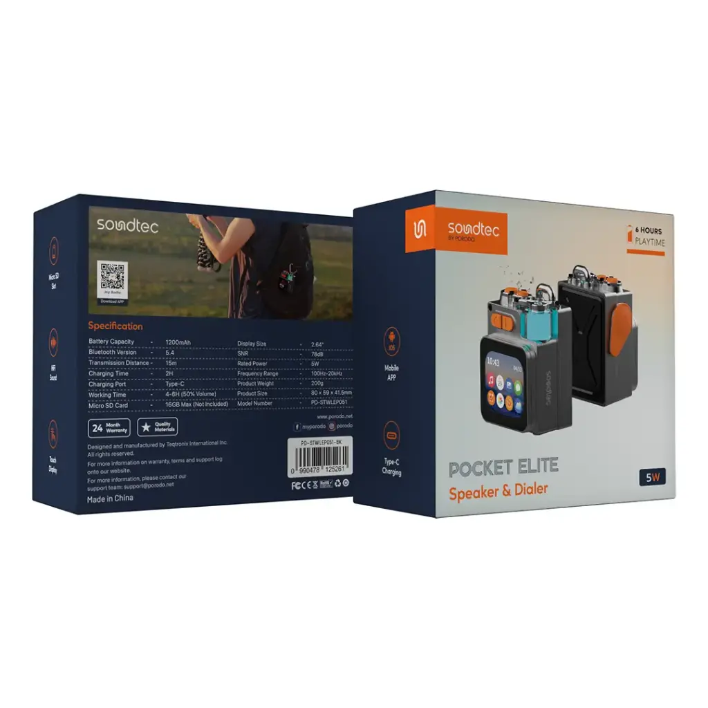 بورودو ساوندتيك سبيكر بلوتوث بقدرة 5 واط مع اضائة RGB وشاشة لمس وبطارية بسعة 1200 مللي امبير | Porodo Soundtec 5W Bluetooth RGB Speaker with Touchscreen Display, 1200mAh Battery.