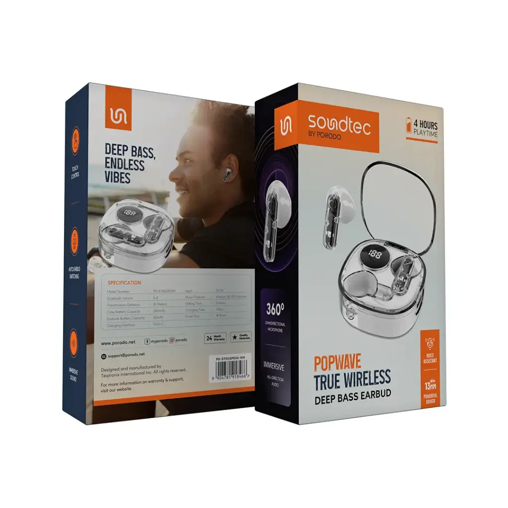 سماعات بورودو ساوندتيك Popwave اللاسلكية, بلوتوث 5.4 وتحكم باللمس | Porodo Soundtec Popwave IPX4 True Wireless Earbuds with Touch Control & Display.