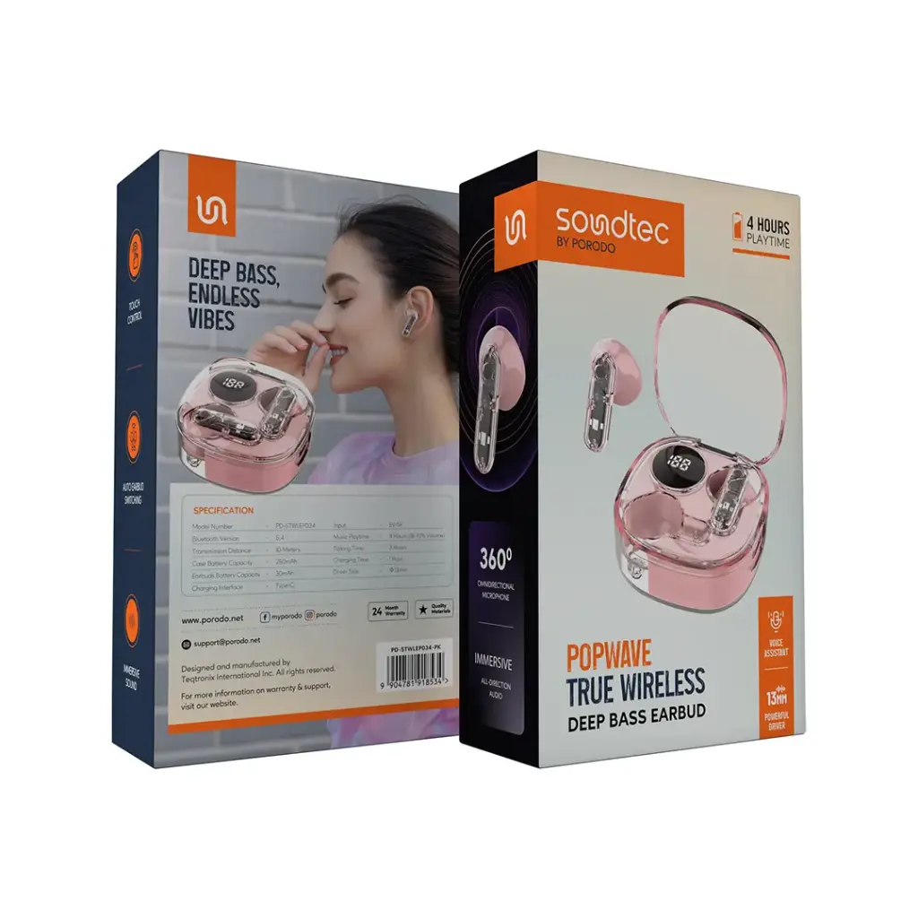 سماعات بورودو ساوندتيك Popwave اللاسلكية, بلوتوث 5.4 وتحكم باللمس | Porodo Soundtec Popwave IPX4 True Wireless Earbuds with Touch Control & Display.