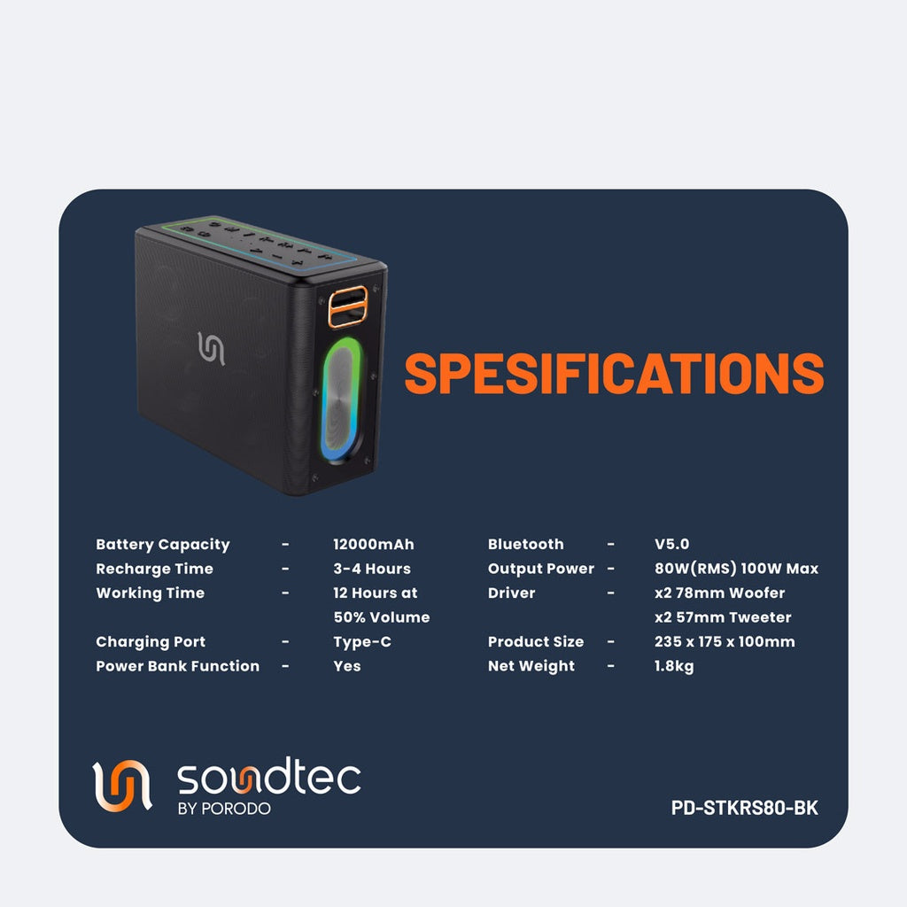 بورودو ساوندتيك سماعة كاريوكي TWS بقدرة 80 واط مع مايكروفون - فضي | Porodo Soundtec TWS Karaoke Speaker 80W with Mic - Silver