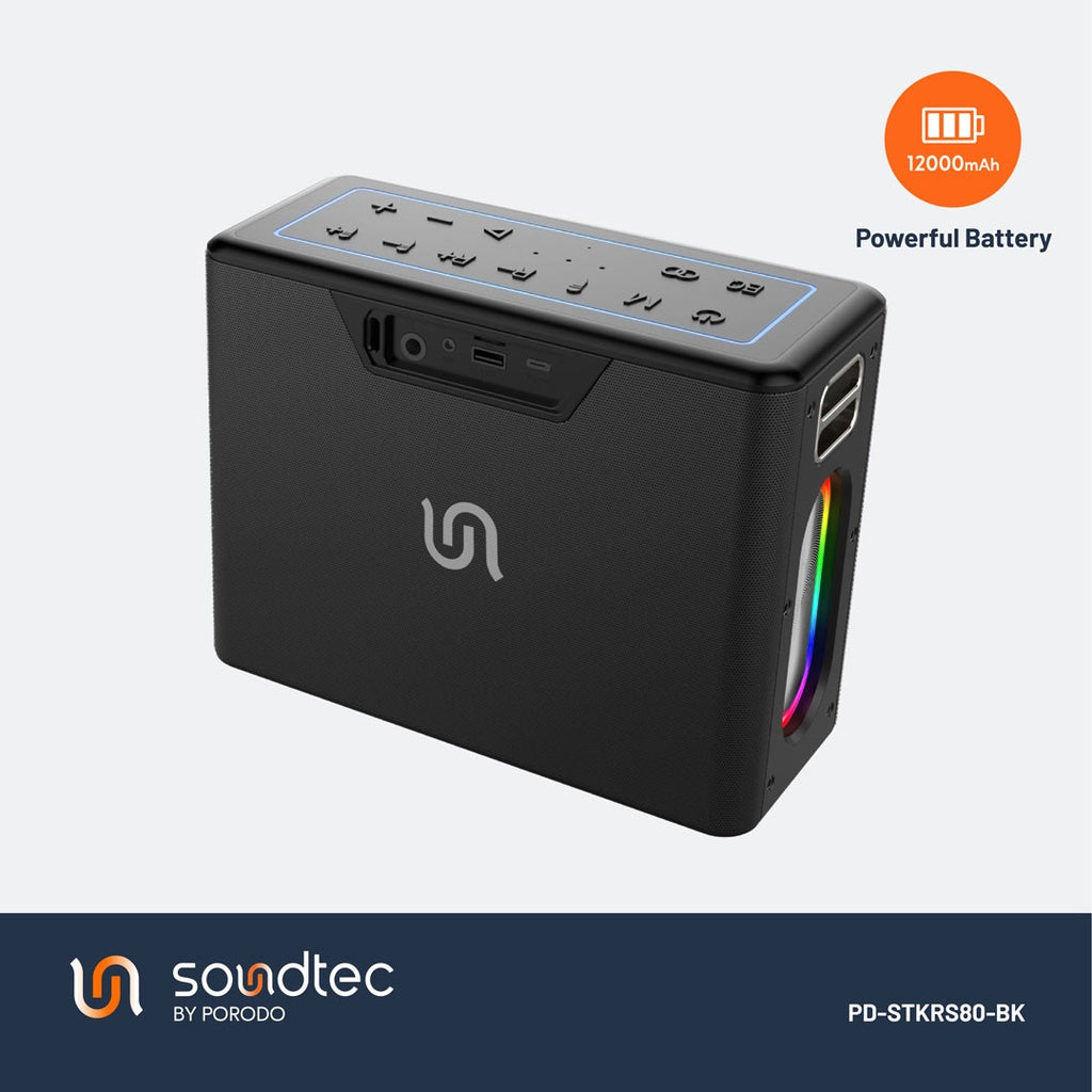 بورودو ساوندتيك سماعة كاريوكي TWS بقدرة 80 واط مع مايكروفون - فضي | Porodo Soundtec TWS Karaoke Speaker 80W with Mic - Silver