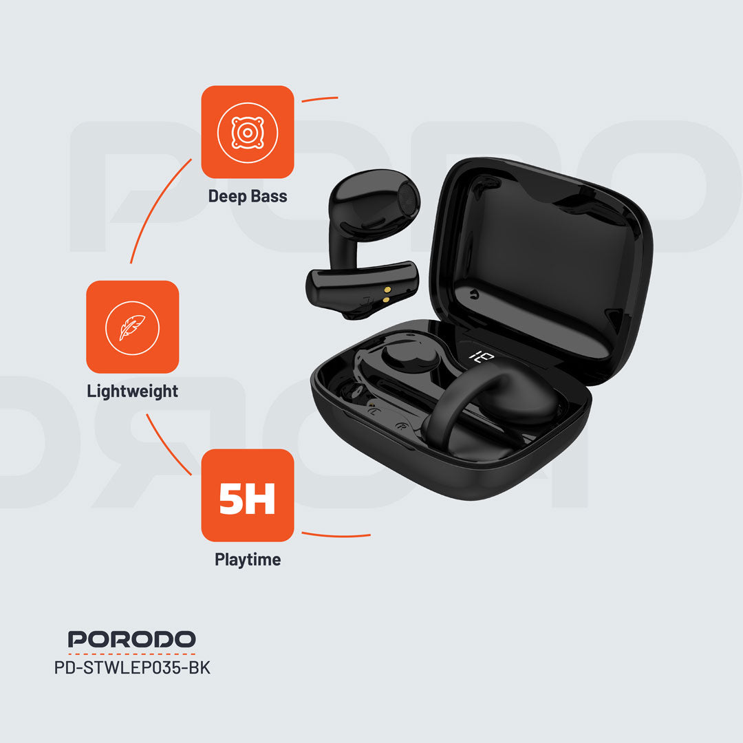 سماعات بورودو ساوندتيك اللاسلكية بمشبك للاذن - اسود | Porodo Soundtec TWS Ear Clip Wireless Earbuds – Black.