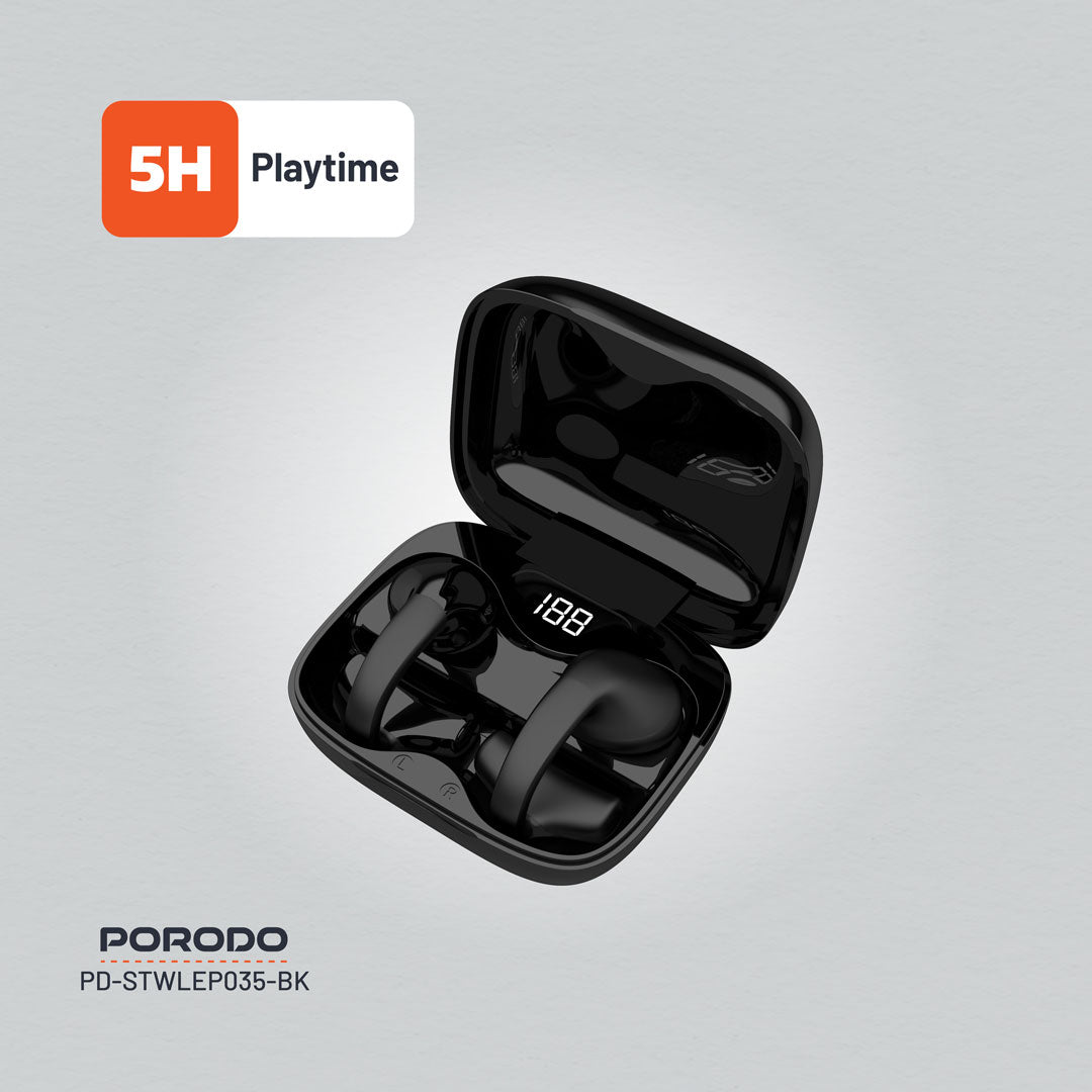 سماعات بورودو ساوندتيك اللاسلكية بمشبك للاذن - اسود | Porodo Soundtec TWS Ear Clip Wireless Earbuds – Black.