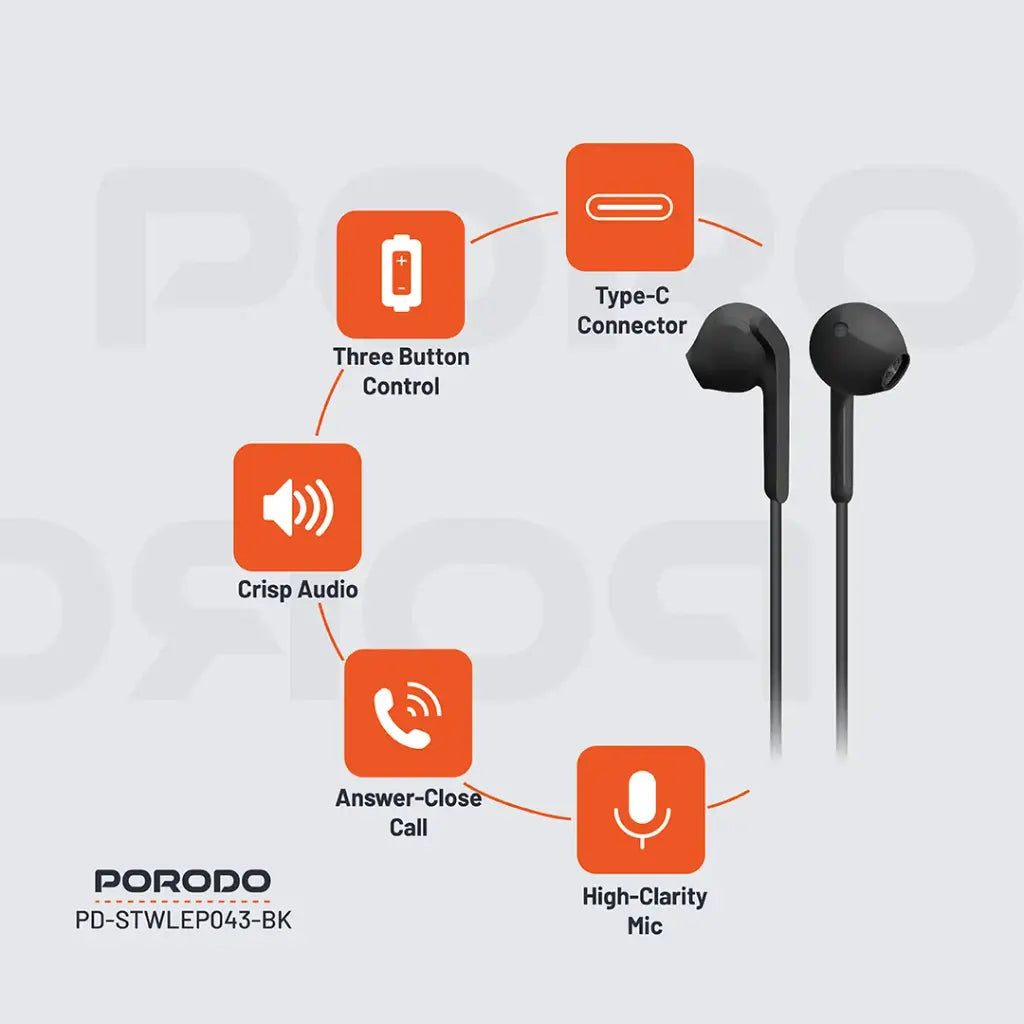 بورودو سماعات معدنية سلكية 14 ملم بمنفذ يو اس بي سي - اسود | Porodo Soundtec Metal Earphones 14mm Type-C - Black.