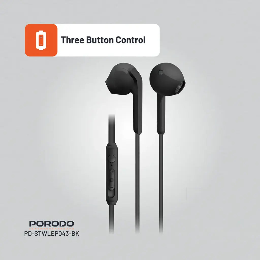 بورودو سماعات معدنية سلكية 14 ملم بمنفذ يو اس بي سي - اسود | Porodo Soundtec Metal Earphones 14mm Type-C - Black.