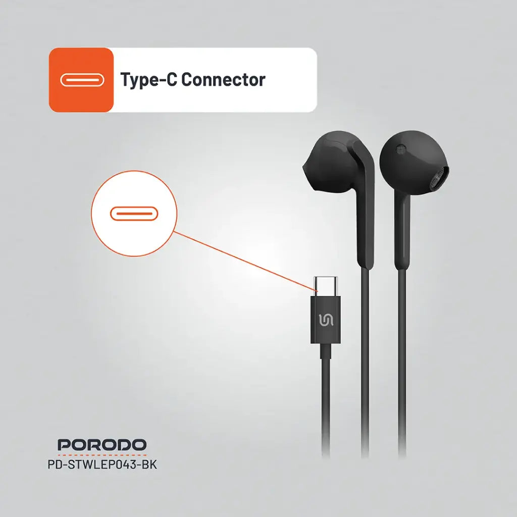بورودو سماعات معدنية سلكية 14 ملم بمنفذ يو اس بي سي - اسود | Porodo Soundtec Metal Earphones 14mm Type-C - Black.