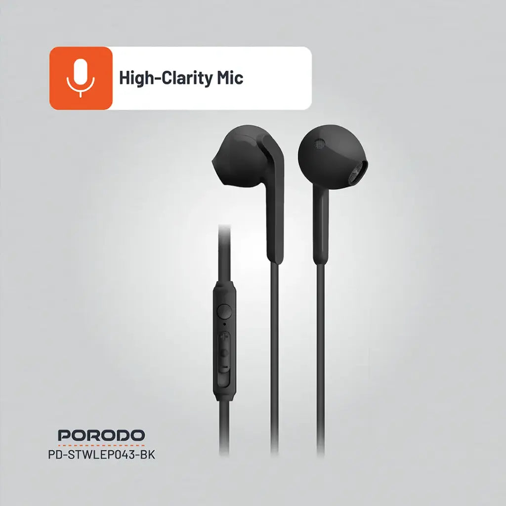 بورودو سماعات معدنية سلكية 14 ملم بمنفذ يو اس بي سي - اسود | Porodo Soundtec Metal Earphones 14mm Type-C - Black.