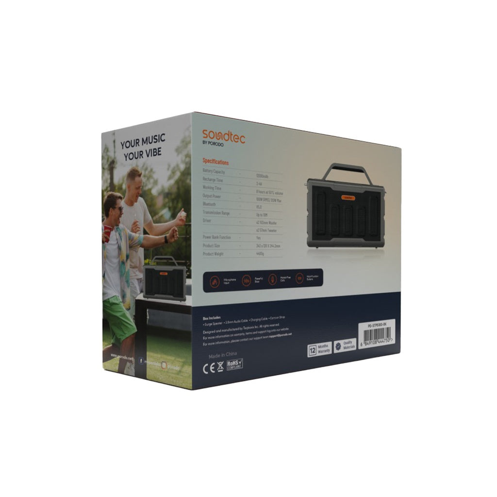 سبيكر بورودو ساوندتيك للحفلات بقدرة 100 واط - اسود | Porodo Soundtec TWS Party Speaker 100W - Black.